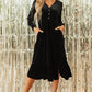 Black Velvet Buttoned Puff Sleeve V Neck Split Midi Dress