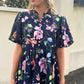 Black Floral Short Bubble Sleeve Button Mandarin Collar Dress