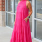 Rose Red High Frilled Neck Tiered Sleeveless Maxi Dress