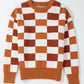 Orange Checkered Ribbed Edge O Neck Drop Shoulder Sweater