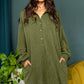 Moss Green Corded Buttons Placket Drop Shoulder Collared Shift Dress