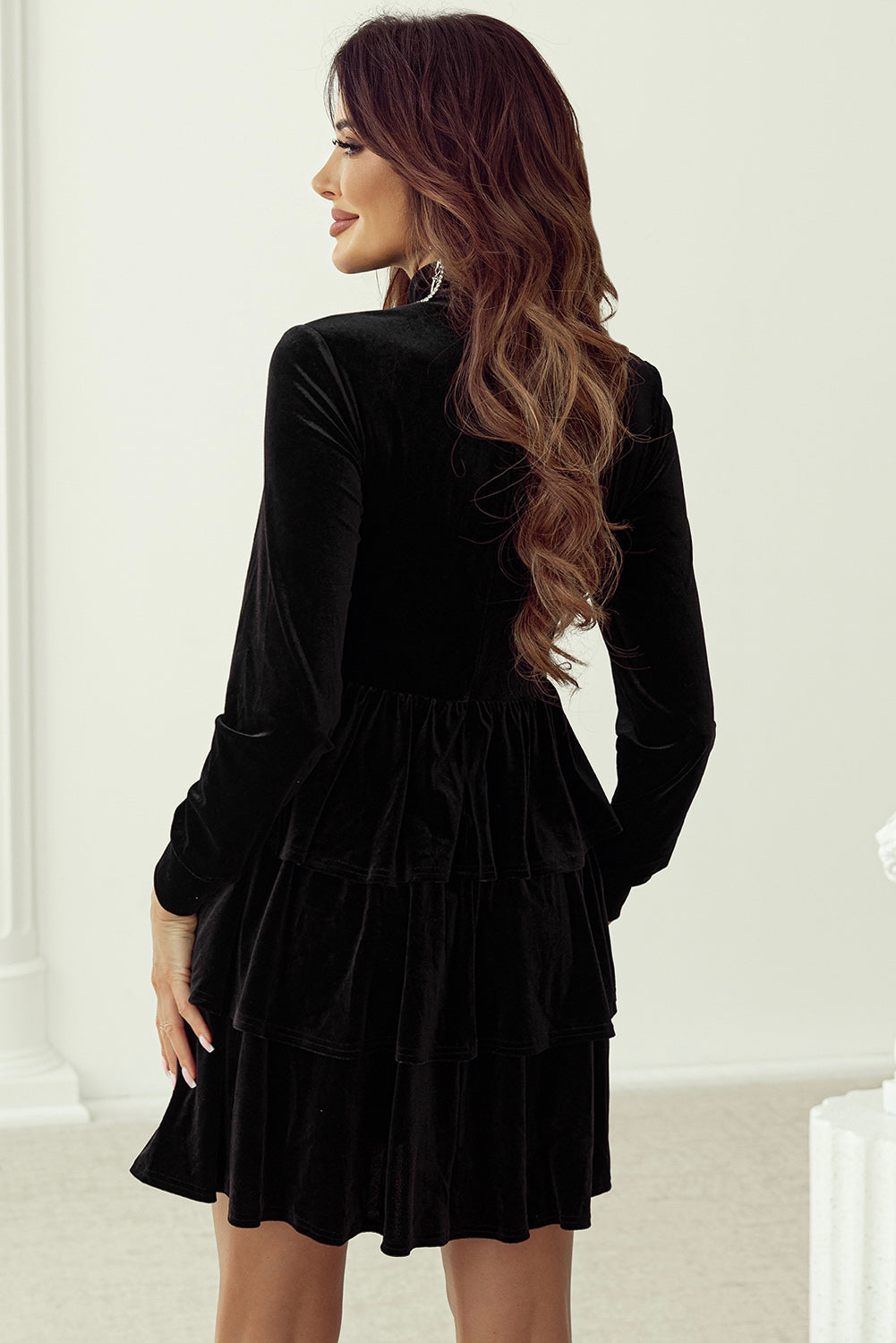 Black Velvet High Neck Tiered Ruffle Mini Dress