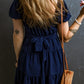 Navy Blue Swiss Dot Jacquard Puff Sleeve Crossover Tied Tiered Dress