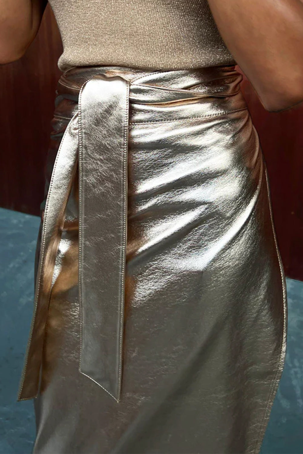 Gold Metallic Leather Knotted Wrap Midi Skirt