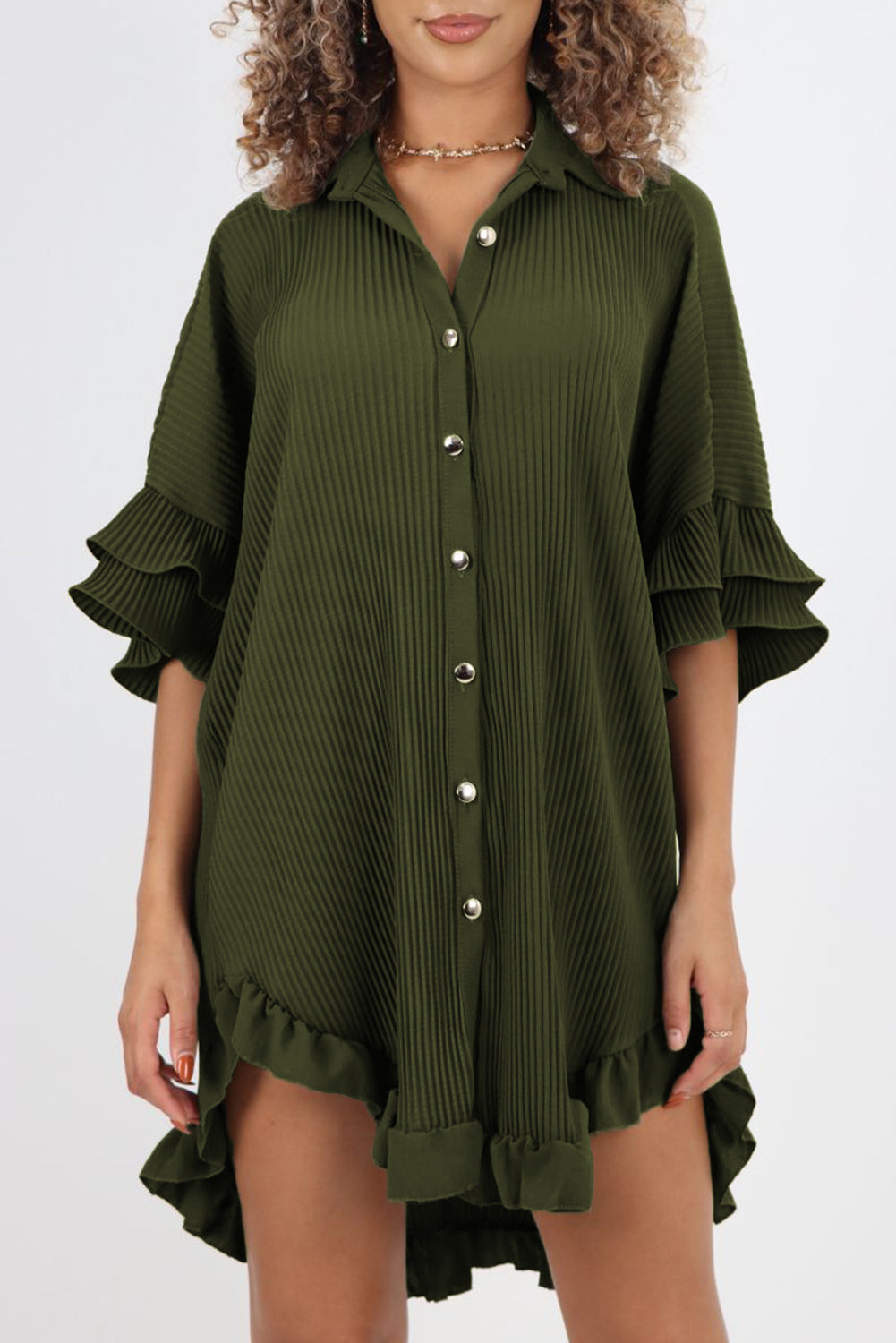 Moss Green High-low Hem Ruffle Sleeve Pleated Shirt Dress