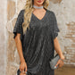 Dark Grey Sequin V Neck Dolman Sleeve Shift Dress