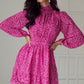 Rose Leopard Puff Sleeve Knotted High Neck Ruffle Dress