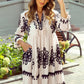 Beige Western Pattern Print Tasseled Notch V Neck Mini Dress