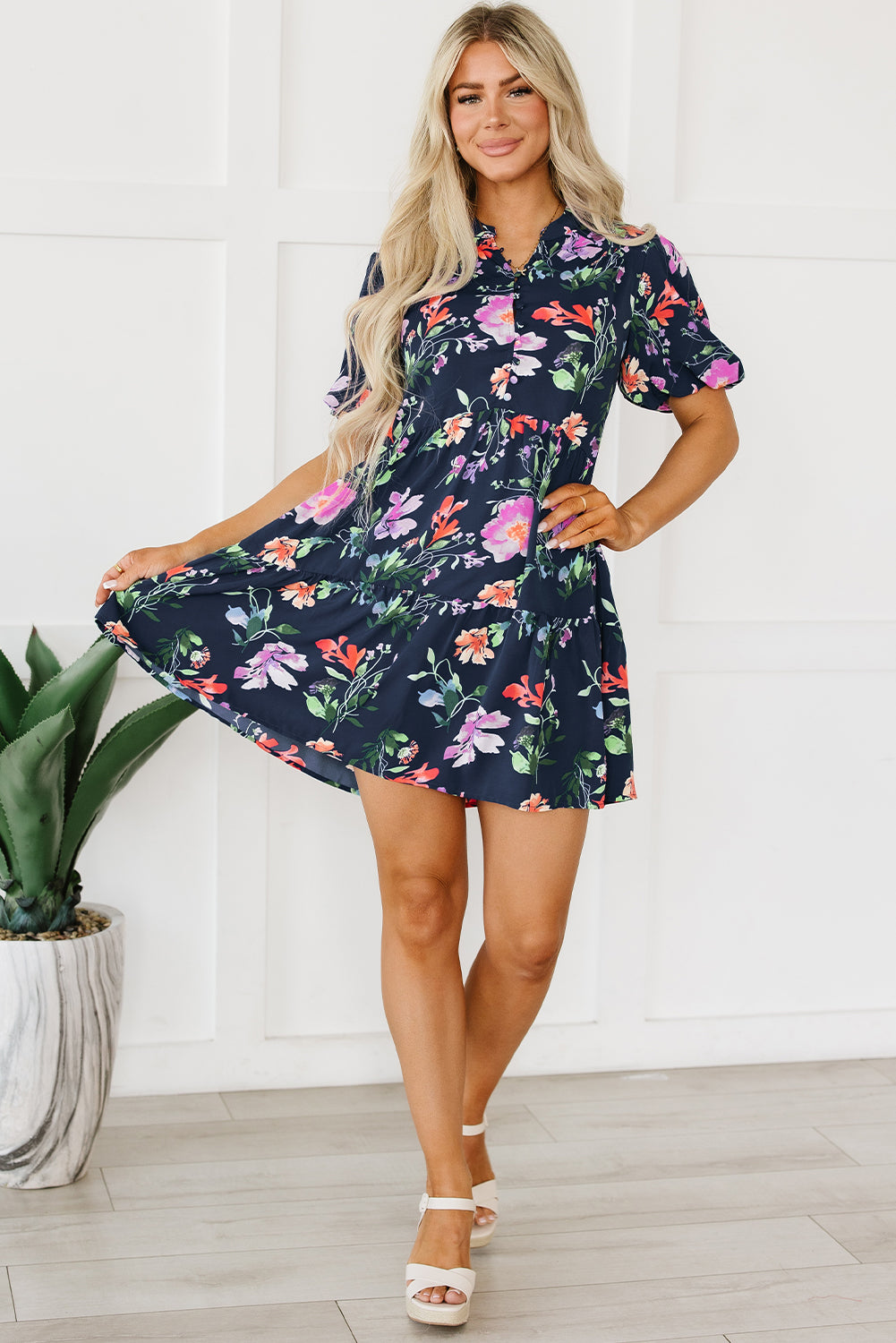 Black Floral Short Bubble Sleeve Button Mandarin Collar Dress