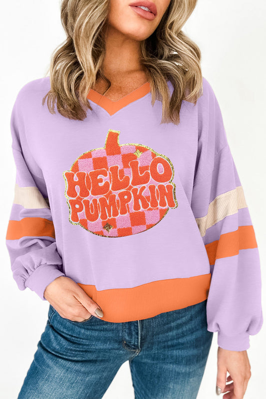 Orchid Bouquet HELLO PUMPKIN Chenille Patch Graphic V Neck Sweatshirt