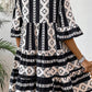 Black Geometric Print V Neck Ruffled Dress