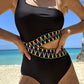 Black Zigzag Accent Cutout One Shoulder Teddy Swimwear