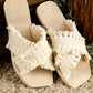 Beige Tassel Woven Crossed Straps Flat Slippers