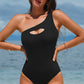 Black Ribbed One Shoulder Hollowed One Piece Swimsuit