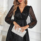 Black Glitter Mesh Overlay V Neck Long Sleeve Dress