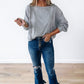 Light Grey Waffle Patchwork Long Sleeve Raw Hem Pullover Top