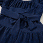 Navy Blue Swiss Dot Jacquard Puff Sleeve Crossover Tied Tiered Dress