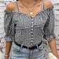 Black Sweetheart Gingham Button Down Cold Shoulder Blouse