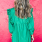 Bright Green Embroidered Ruffled Trim 3/4 Sleeve V Neck Mini Dress