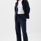 Navy Blue Solid Color Drawstring Waist Casual Straight Pants