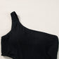 Black Solid Textured Cut Out One Shoulder Monokini