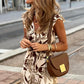 Brown Ruffled V Neck Leaves Print Long Dress