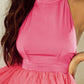 Strawberry Pink Gauze Ruffle Tiered Knotted Halter Dress