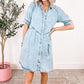 Beau Blue Mineral Wash Ruffled Short Sleeve Buttoned Denim Dress