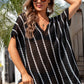 Black Striped Crochet Loose Fit V Neck Beach Cover Up