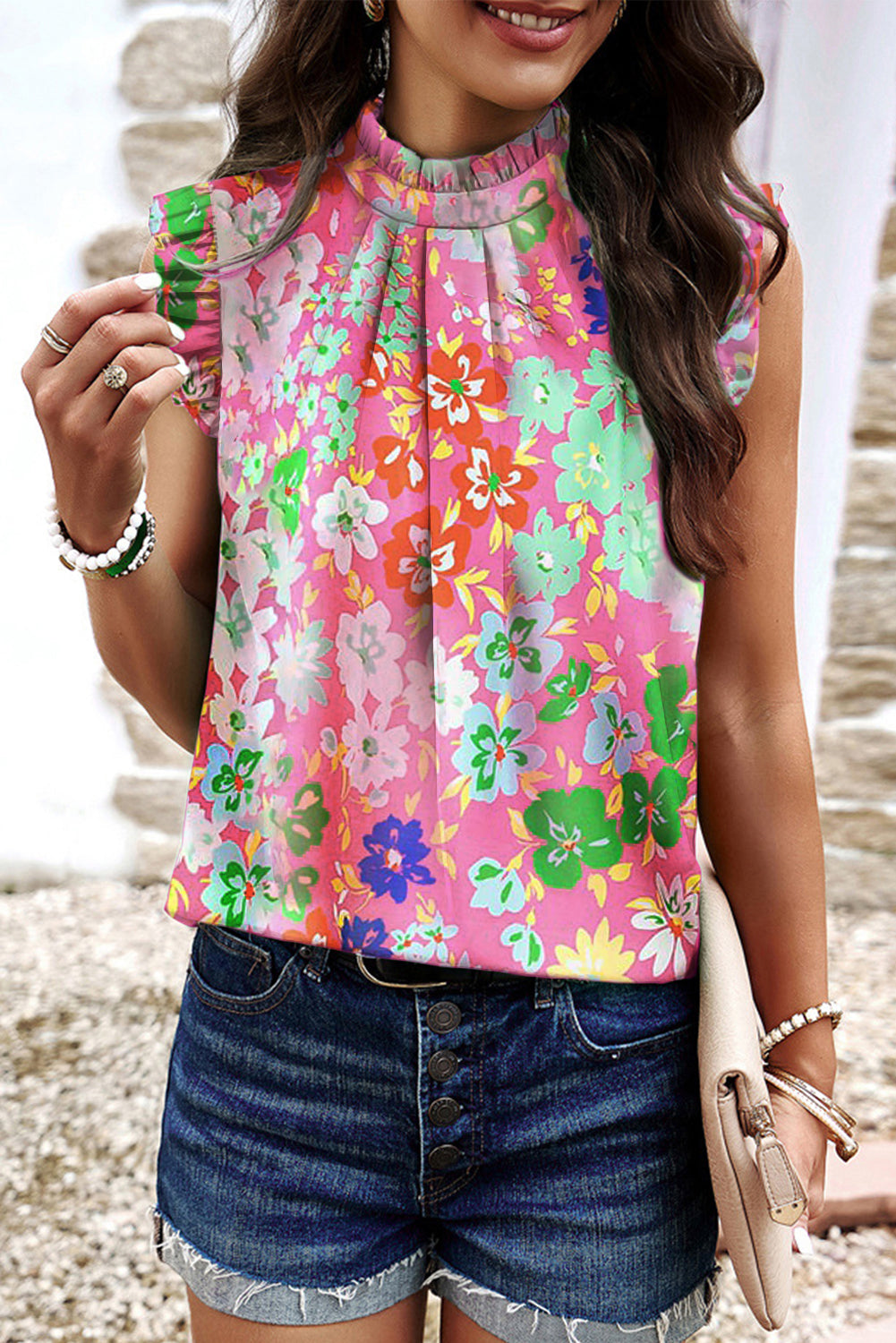 Pink Frilled Collar Floral Vest