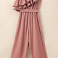 Dusty Pink One Shoulder Ruffle Trim Belted Jumpsuit