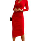 Fiery Red Long Sleeves Wrap V Neck Ruched Sheath Bodycon Dress