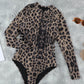 Leopard Print Zipper Cut-out Rash Guard Swimsuit