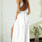 White Sleeveless Ruched High Split Cutout Back Maxi Dress