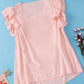 Peach Blossom Shirring Buttoned Neck Ruffle Sleeve Blouse