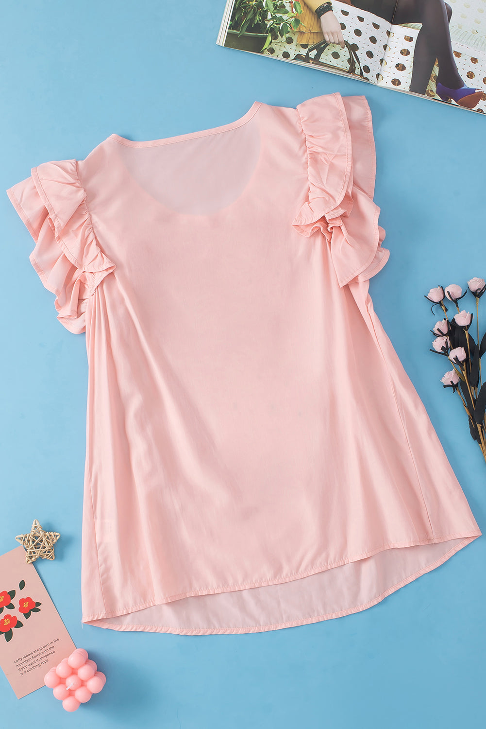 Peach Blossom Shirring Buttoned Neck Ruffle Sleeve Blouse