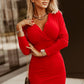 Fiery Red Long Sleeves Wrap V Neck Ruched Sheath Bodycon Dress