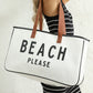 White BEACH PLEASE Print Large Canvas Tote Bag