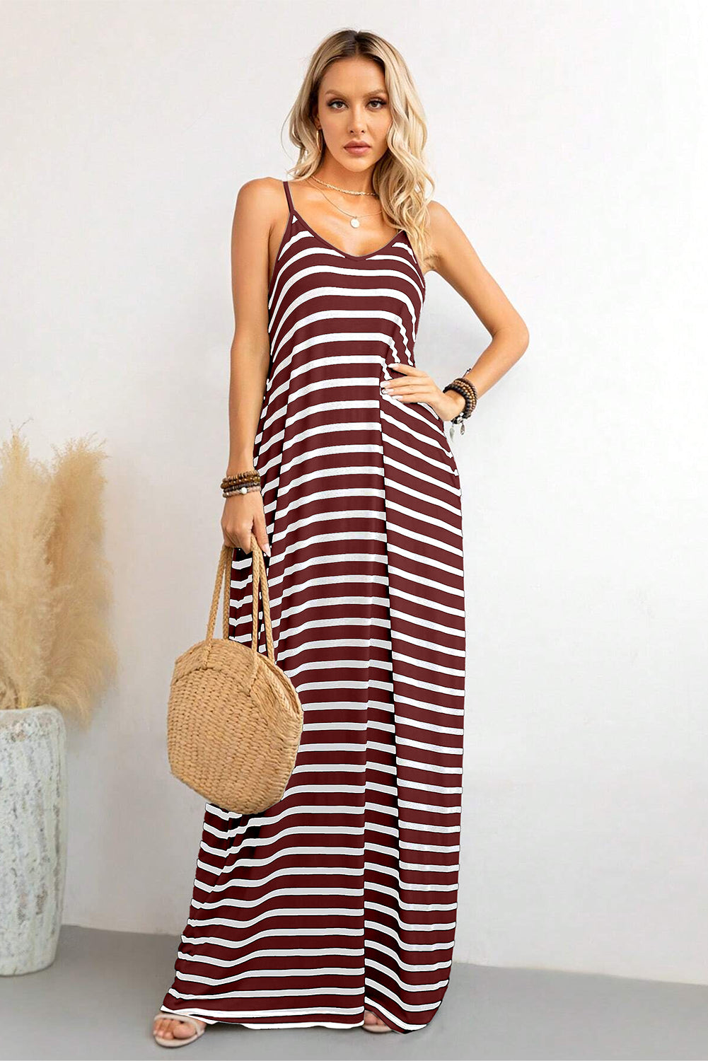 Red Stripe Side Pockets Spaghetti Straps Maxi Dress