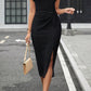 Black Textured Short Sleeve Twist Front Split Midi Dress