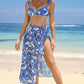 White 3pcs Flower Print Ruffled Bikini with Cover up