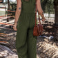 Moss Green Sleeveless V Neck Ruched Wide Leg Jumpsuit