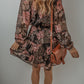 Black Vintage Floral Puff Sleeve V Neck Smock Waist Dress