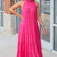 Rose Red High Frilled Neck Tiered Sleeveless Maxi Dress