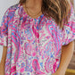 Paisley Pattern Print Puff Sleeve V Neck Blouse