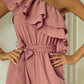 Dusty Pink One Shoulder Ruffle Trim Belted Jumpsuit