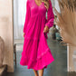 Rose Red Shirred V Neck Long Sleeve Velvet Dress