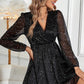 Black Glitter Mesh Overlay V Neck Long Sleeve Dress