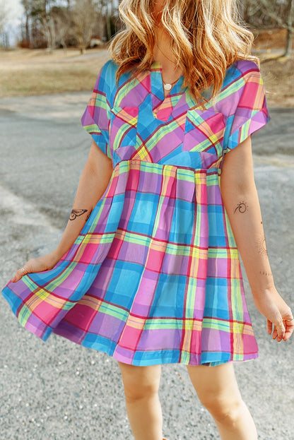 Light Blue Multicolor Plaid Short Sleeve Babydoll Mini Dress