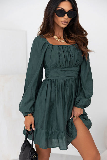 Green Ruched Square Neck Puff Sleeve Mini Dress